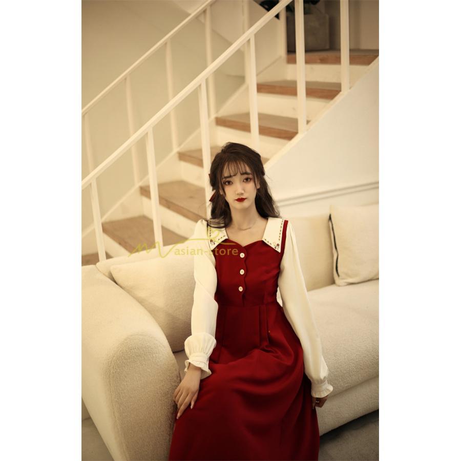 マキシ | ドッキングワンピース 秋 レディース 長袖ワンピ 切替 フェイク レイヤード風 重ね着風 Aラインワンピース 着痩せ ワンピース 可愛い 大人 二次会 30代40代