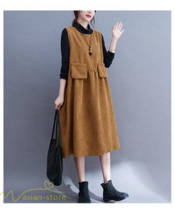 ノースリーブ | ワンピース 秋 冬 レディース 無地 可愛い 新作 丸首 コーデュロイ ひざ丈 ミディアムワンピース ゆったり シンプル ゆるワンピース プルオーバー