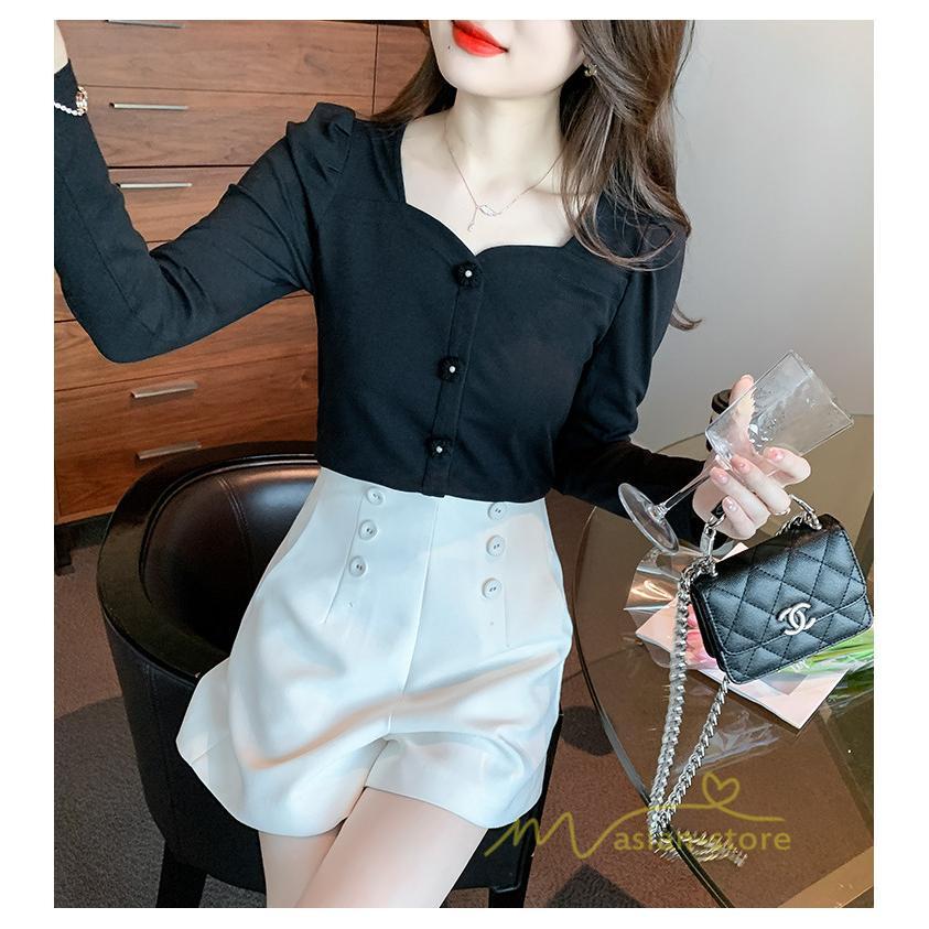 tシャツ・カットソー | ショート丈Tシャツ レディース 長袖Tシャツ カットソー タイト スリム 無地 トップス 綿 秋物 可愛い 小さい 通学通勤 20代30代 インナー 綿Tシャツ