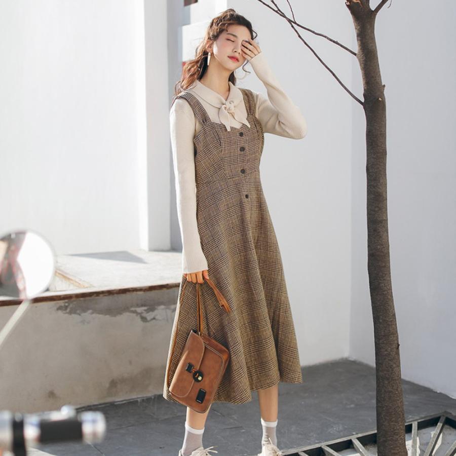 オールインワン | スカート ワンピース ロング 秋冬 チェック ジャンパースカート サロペット オールインワン 大人 グレンチェック