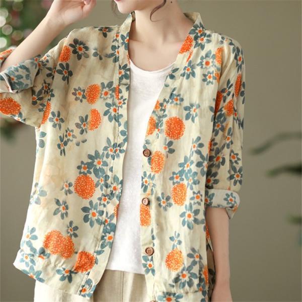 カーディガン | 麻混 レディース 花柄 初秋 リネン カジュアル Vネック 長袖 羽織 きれいめ 春 夏 秋 薄手 おしゃれ 40代50代 ゆったり 20代30代 大きいサイズ
