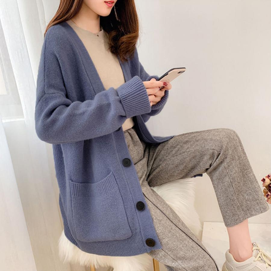 カーディガン | アウター ゆったりVネック ポケット付き 体型カバー 羽織 カーデトップス 無地 おしゃれ ニットレディース