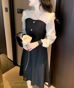 ミディアム | Aラインワンピース 切り替えワンピース 秋コーデ レディース 長袖 膝丈ワンピース 美ライン シルエット 無地 フォーマル 黒ワンピース お呼ばれ オフィス