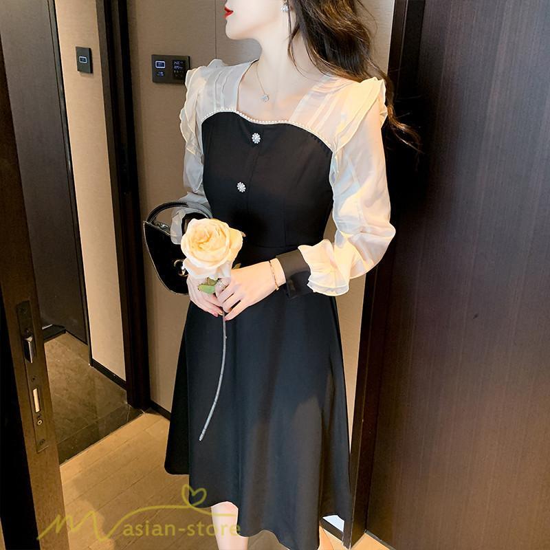 ミディアム | Aラインワンピース 切り替えワンピース 秋コーデ レディース 長袖 膝丈ワンピース 美ライン シルエット 無地 フォーマル 黒ワンピース お呼ばれ オフィス