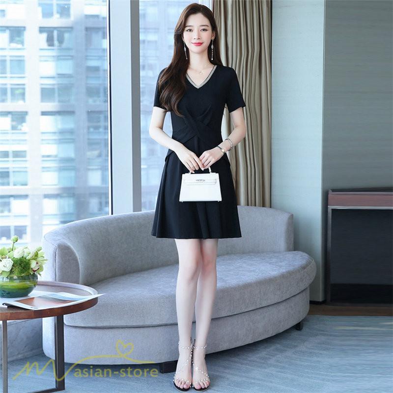 ミディアム | ワンピース Aライン レディース 着痩せ Vネック ひざ上丈 カジュアル 大きいサイズ 無地 きれいめ おしゃれ 春 夏 30代 新作 上品 サマーワンピース 40代 20代