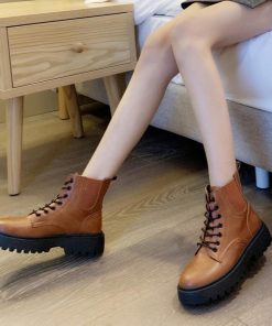 ショートブーツ | 春秋冬 靴 レースアップ 厚底 レディースブーツ ブラックブラウン ワークブーツ