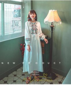 マキシ | ワンピース 長袖 ハイウエスト 綿麻 コットン リネン ロング ロング丈 Aライン ワンピ レディース 着痩せ 体型カバー 丸首 白 黄色 赤 通勤 Vネック 刺繍