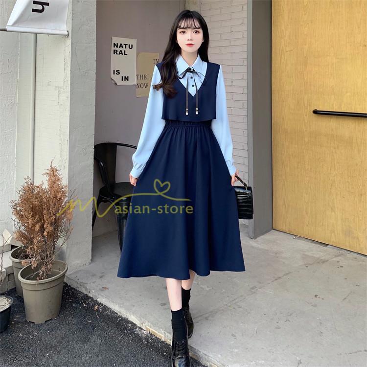 マキシ | ロングワンピース 秋物 レディース ミモレ丈 Aラインワンピース 切り替え フェイク レイヤード風 お呼ばれワンピース 30代40代 着やせ シャツカラー 重ね着風