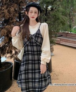 ミニ丈 | チェック柄ワンピース 膝上丈 長袖 切り替え フェイクレイヤード Aラインワンピース スリム 通学通勤 可愛い ミニワンピース ワンピ 低身長 ワンピース 秋物