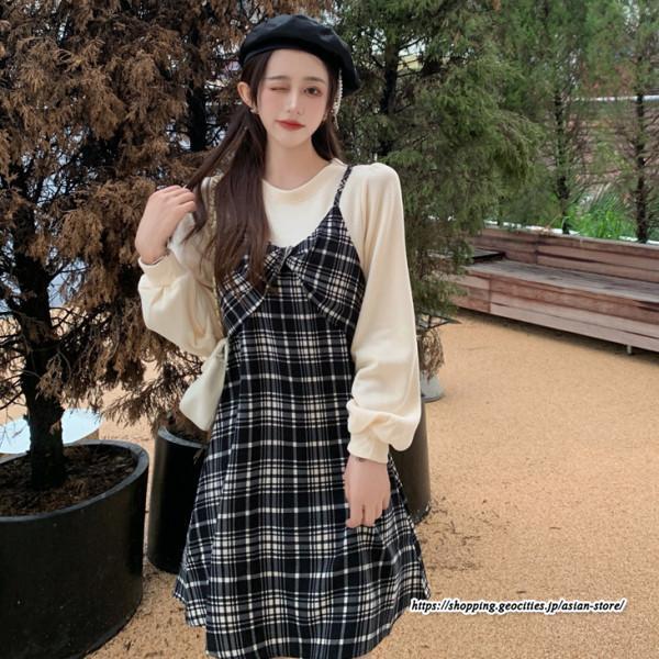 ミニ丈 | チェック柄ワンピース 膝上丈 長袖 切り替え フェイクレイヤード Aラインワンピース スリム 通学通勤 可愛い ミニワンピース ワンピ 低身長 ワンピース 秋物