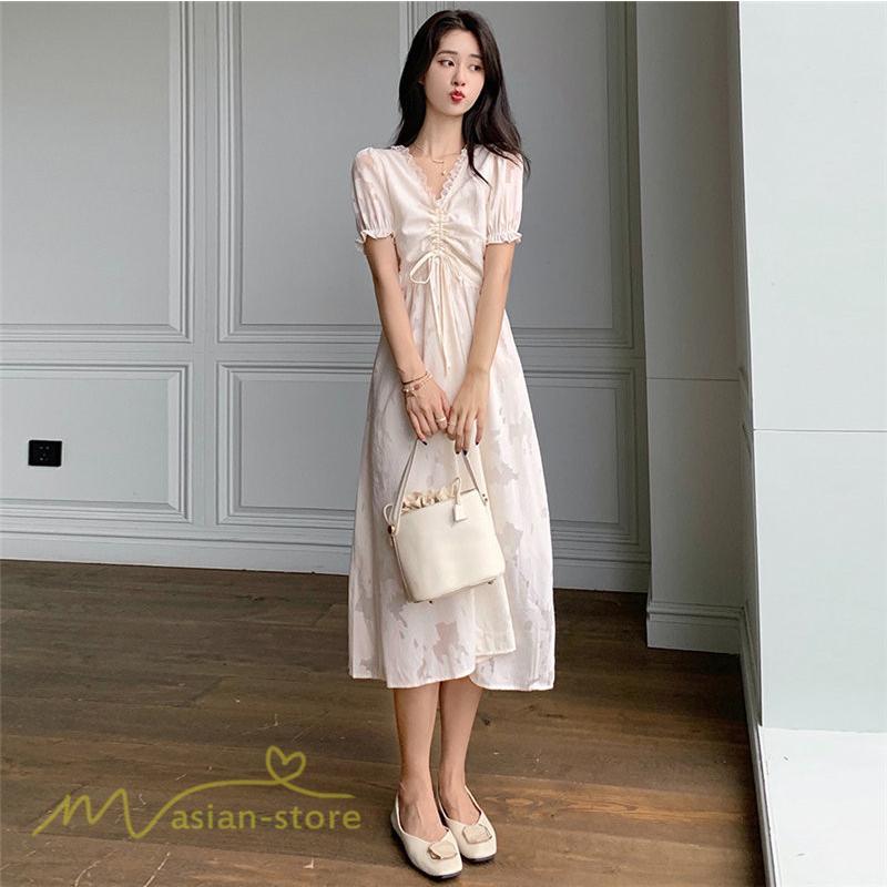 ミディアム | ワンピース レディース 着痩せ 上品 半袖 Aラインワンピース シフォン カジュアル 膝丈 きれいめ おしゃれ Vネック 上品 40代 30代 20代 サマーワンピース