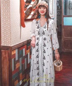 マキシ | ワンピース 七分袖 春夏秋 ロング丈 コットン 大人可愛い  ゆったり 柔らかい シンプル カジュアル ナチュラル 旅行 Aライン エスニック 着痩せ 刺繍 リゾート