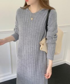 ニットワンピース | ワンピース 秋冬 太めリブニット ロングワンピース ミモレ丈 無地 フード付き 帽子 ストレッチ 大人 セーター 50代 長袖 20代30代 アウター