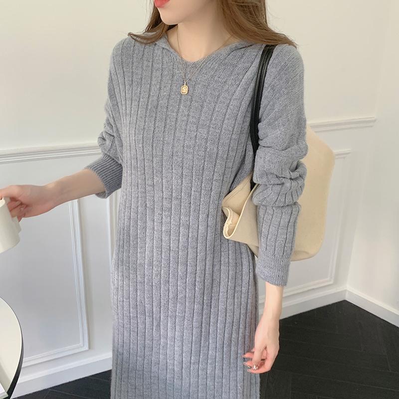 ニットワンピース | ワンピース 秋冬 太めリブニット ロングワンピース ミモレ丈 無地 フード付き 帽子 ストレッチ 大人 セーター 50代 長袖 20代30代 アウター