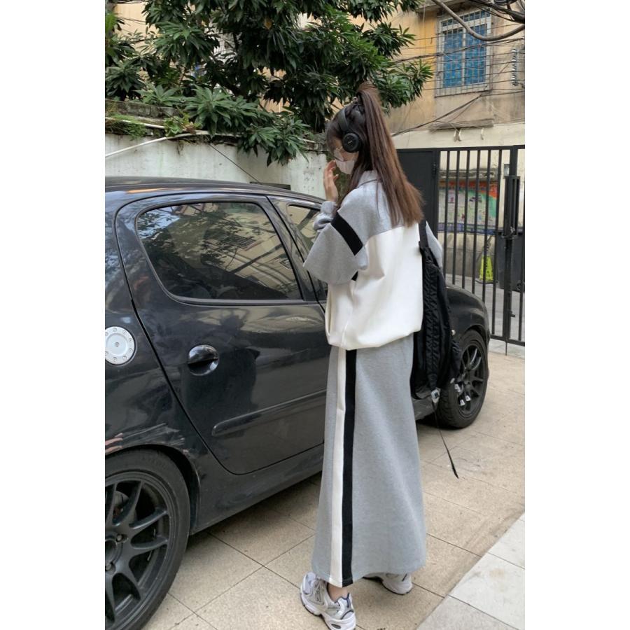 スカート | スウェット秋冬 レディース ドッキング ロングジャケット パーカー スウェット アウター 無地 ボトムズ 運動 ウエストゴム ジップアップ