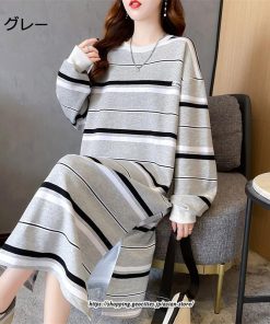 マキシ | ワンピース レディース 秋 秋服 綿コットン ボーダー柄 コットン ワンピース 長袖ボーダー ロングワンピース サイドスリット 20代 40代 30代 50代