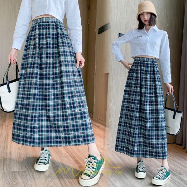 スカート | チェックロングウエストゴム チェック柄 大人 ハイウエスト Aライン30代40代50代 通学通勤 可愛い スカート ゆったり