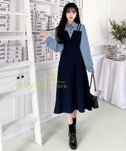 マキシ | ロングワンピース 秋物 レディース ミモレ丈 Aラインワンピース 切り替え フェイク レイヤード風 重ね着風 シャツカラー お呼ばれワンピース 30代40代 着やせ