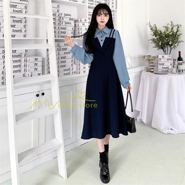 マキシ | ロングワンピース 秋物 レディース ミモレ丈 Aラインワンピース 切り替え フェイク レイヤード風 重ね着風 シャツカラー お呼ばれワンピース 30代40代 着やせ