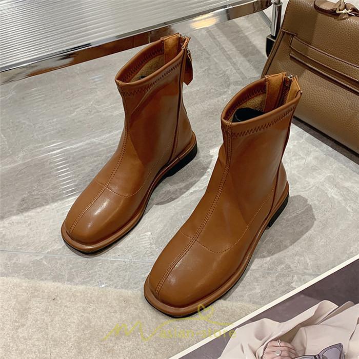 ショートブーツ | ブーツ レディース グランドトゥ 痛くない 歩きやすい 疲れない 滑りにくい 履きやすい ブラック オフホワイト カーキ ブラウン 22.5cm-25cm 黒