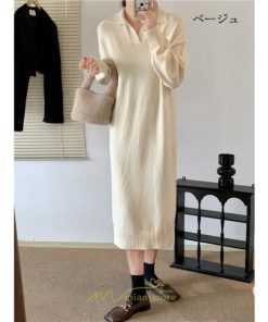 ニットワンピース | ワンピース 春 春服 レディース 長袖 ゆったり ｖネック 着痩せ 可愛い おしゃれ 大人フェミニン 女子会 通勤 デート お出かけ 秋冬