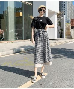 スカート | フレアロングレデイース リネンウエストゴム 綿麻混 マキシマキシ リゾート チェック柄 体型カバー