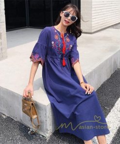 マキシ | ワンピース 半袖 夏物 レディース 秋服 綿麻 刺繍 フレアスリーブ ロングワンピース ミモレ丈 五分袖 ウエストゴム 大人 30代40代 Aラインワンピ リボン付き