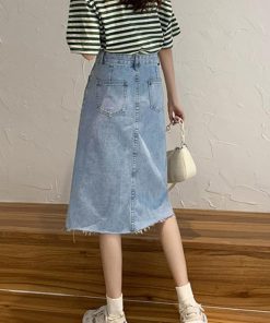 ひざ丈スカート | 膝下丈 デニムスカート レディース Aライン カジュアル ボトムス 裾フリンジ スリット