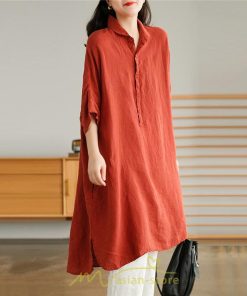 送料無料SALE | ワンピース 夏シャツ レディース 五分袖 シャツワンピース 綿麻 無地 プルオーバー 体型カバー ゆったり 大きめ 夏服 ポケット 30代40代 膝丈 おしゃれ 前後差