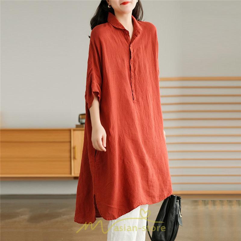 送料無料SALE | ワンピース 夏シャツ レディース 五分袖 シャツワンピース 綿麻 無地 プルオーバー 体型カバー ゆったり 大きめ 夏服 ポケット 30代40代 膝丈 おしゃれ 前後差