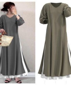 セットアップ | 秋ワンピース 長袖 無地 マキシワンピース Vネック 可愛い 2点セット フリーサイズ グリーン 大人 体型カバー 秋コーデ Aライン プリーツスカート