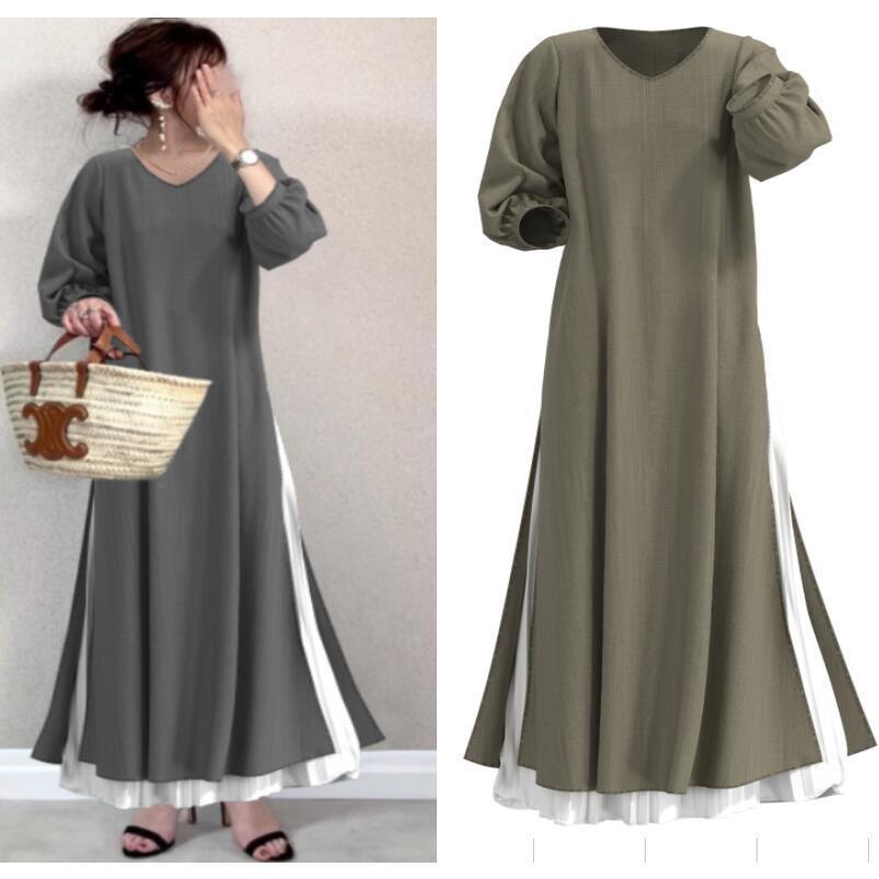 セットアップ | 秋ワンピース 長袖 無地 マキシワンピース Vネック 可愛い 2点セット フリーサイズ グリーン 大人 体型カバー 秋コーデ Aライン プリーツスカート