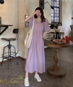 マキシ | ワンピース パフスリーブ 半袖 スクエアネック ゆったり 体型カバー ゆるワンピース フリーサイズ かわいい 無地 シンプル おしゃれ お出かけ レトロ 夏物 上品