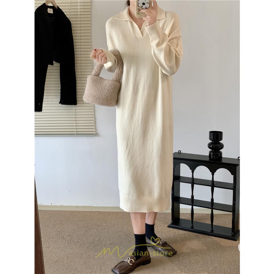 ニットワンピース | ワンピース 春 春服 レディース 長袖 ゆったり vネック 着痩せ 可愛い おしゃれ 大人フェミニン 女子会 通勤 デート お出かけ 秋冬