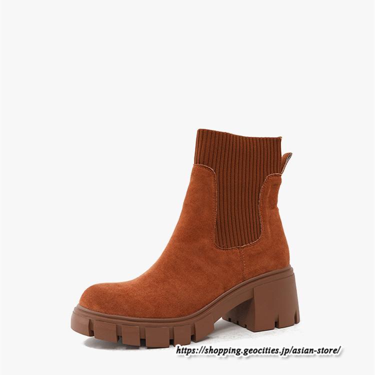 ショートブーツ | 大きいサイズ27cm レディース 上品 ブーツ 秋冬 春 厚底ブーツ ラウンドトゥ ソックス切り替え 太ヒール 大人 チャンキーヒール 黒ブーツ