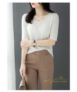 ｔシャツ・カットソー | サマーニット レディース Vネック トップス ニット 半袖 春服 春物 ニットチュニック 無地 きれいめ 春夏 黒 リブ 夏ニット 白 5分袖 涼し気