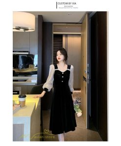 ミディアム | Aラインワンピース 秋コーデ レディース 長袖 切り替え ビロード 膝丈ワンピース 美ライン シルエット 無地 黒ワンピース オフィス フォーマル 大人 お呼ばれ