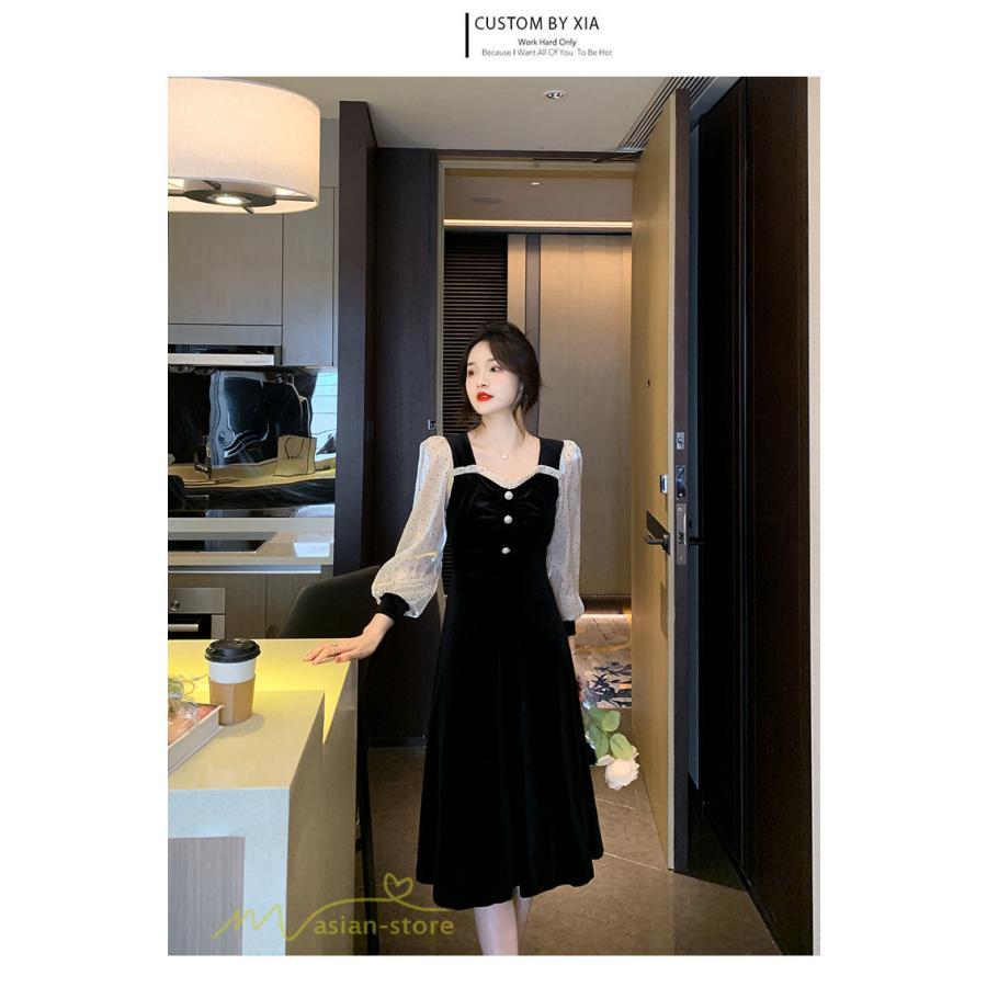 ミディアム | Aラインワンピース 秋コーデ レディース 長袖 切り替え ビロード 膝丈ワンピース 美ライン シルエット 無地 黒ワンピース オフィス フォーマル 大人 お呼ばれ