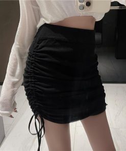 スカート | タイト膝丈ミニ調整可丈 ストレッチ 伸縮性 ウエストゴム ドローストリング 30代40代 ヒップアップ 無地 セクシー大人