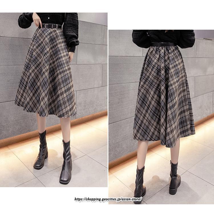 スカート | ロングミモレ レディース フレア Aライン ハイウエスト おしゃれ ゆったり ひざ下 体型カバー チェック柄 ラシャ ベルト付き 30代 20代 40代