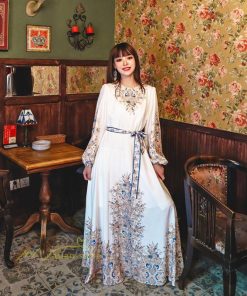 マキシ | ロングワンピース 長袖 レディース プリント Aラインワンピース 30代40代 ゆったり ワンピ 広い裾 ベルト付き ダンス プリンセス 舞台 落ち感 コスプレ