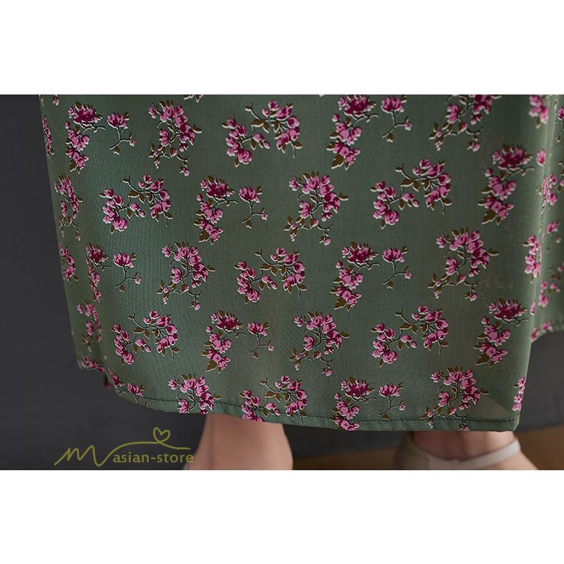 マキシ | ワンピース レディース Vネック 7分袖 秋 ロングワンピース フリーサイズ 花柄 40代 50代 大人 レトロ風 ゆるワンピース カジュアル 秋コーデ 30代 大人 20代