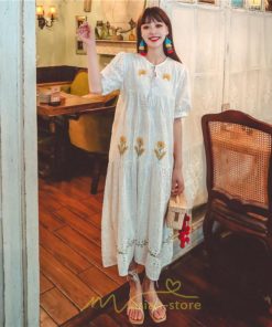 マキシ | ロングワンピース 夏秋 レディース 五分袖 普段着 同窓会 細見せ ハイウエスト コットン レース Aライン 白 紫 刺繍 Vネック キャンプ 旅行 上品 鎖骨 華奢魅せ