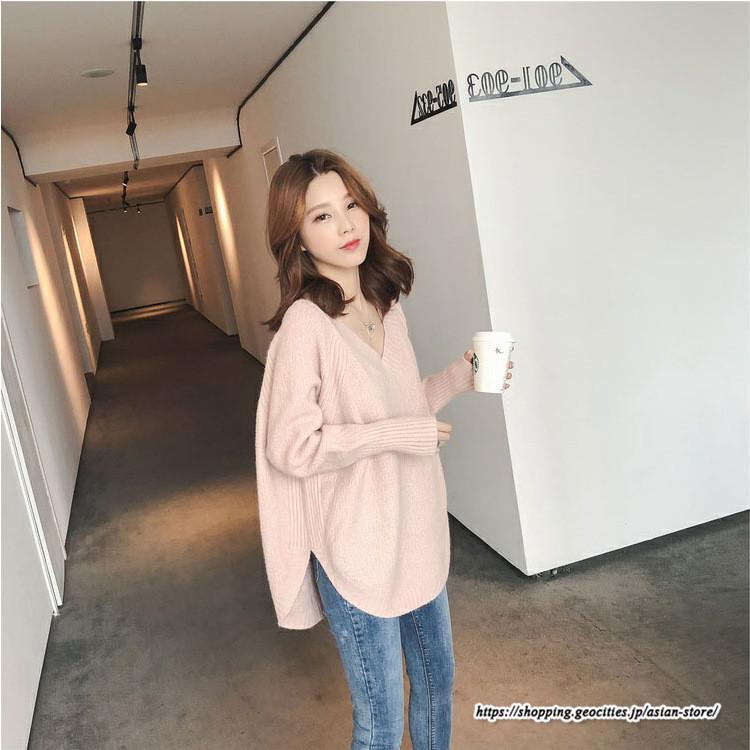 ニット・セーター | ニット レディース 秋 秋服 トップス セーター 秋服コーデ 長袖 Vネック オフィスカジュアル プルオーバー ゆったり 大きめ ラウンドヘム模様編みニット 冬服