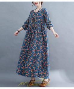 マキシ | ワンピース レディース 大きいサイズ 長袖 ロング丈 マキシ丈 丸首 コットン 花柄 青 夏 秋 体型カバー 着痩せ ゆったり ポケット 美シルエット 広がる裾 通勤