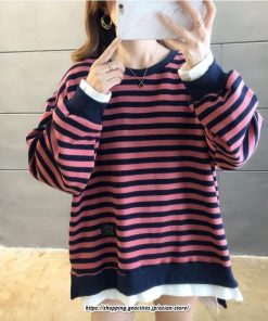 パーカー | 重ね着風トレーナー レディース 長袖 トップス カジュアル スウェット ボーダー柄 ゆったり トレーナー トップス 切り替え 可愛い きれいめ レイヤード風