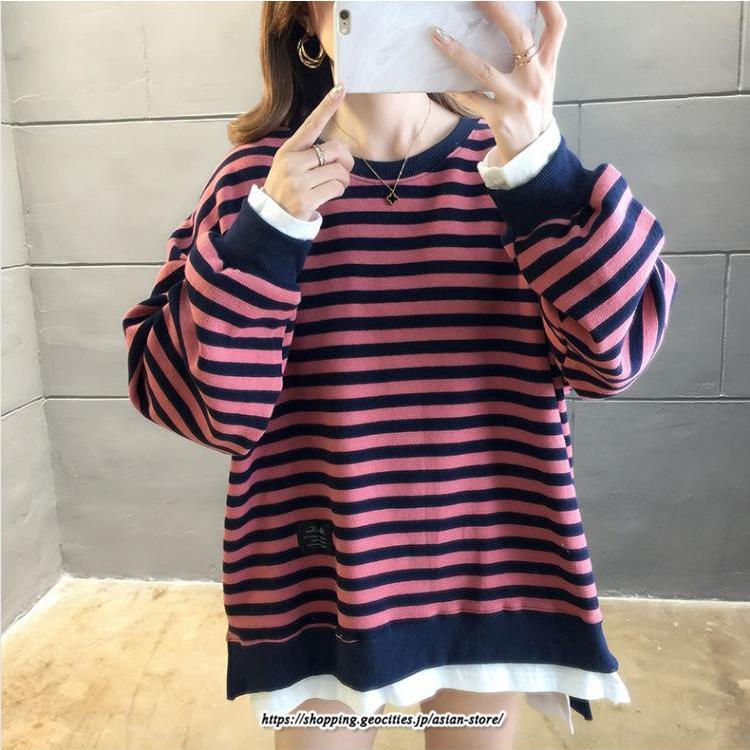 パーカー | 重ね着風トレーナー レディース 長袖 トップス カジュアル スウェット ボーダー柄 ゆったり トレーナー トップス 切り替え 可愛い きれいめ レイヤード風