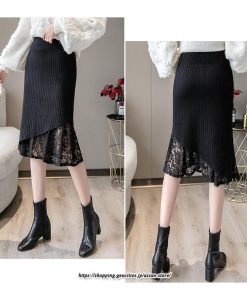 スカート | ニットレディース ファンション レース スリット 膝丈 ミモレ丈 ロング丈 秋冬 秋物 無地 通勤 エレガント フレア 女性 大人 着痩せ オシャレ 上品