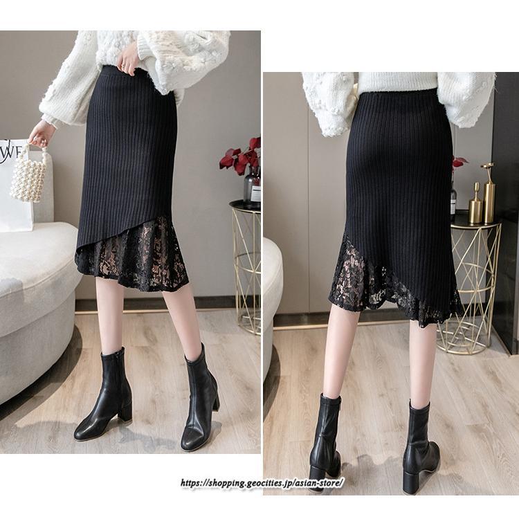 スカート | ニットレディース ファンション レース スリット 膝丈 ミモレ丈 ロング丈 秋冬 秋物 無地 通勤 エレガント フレア 女性 大人 着痩せ オシャレ 上品