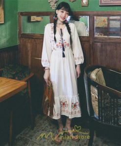 マキシ | ロングワンピース 長袖 花柄 フレア エスニック風 民族風 レトロ調 刺繍 綿麻 リゾート 旅行 レジャー お出かけ 外出 華奢魅せ 着痩せ 女子会 Vネック 同窓会